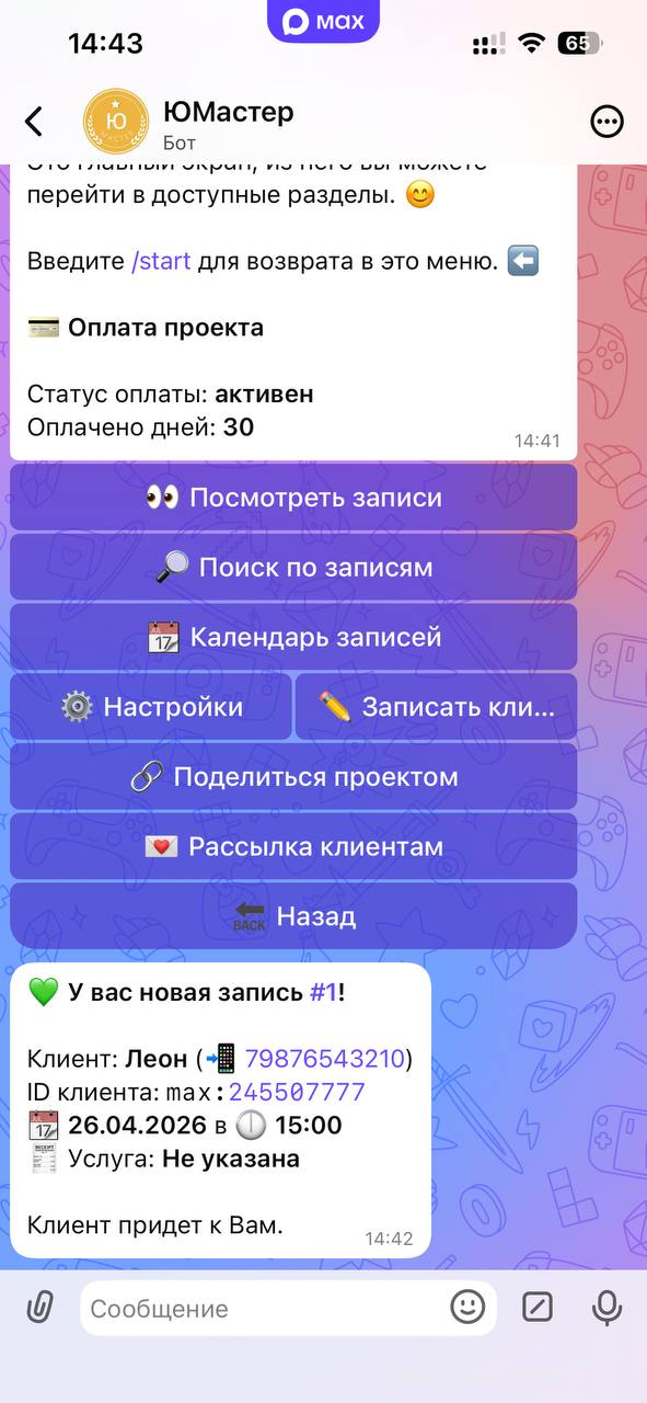 ЮМастер в MAX: управление записями и рабочими разделами