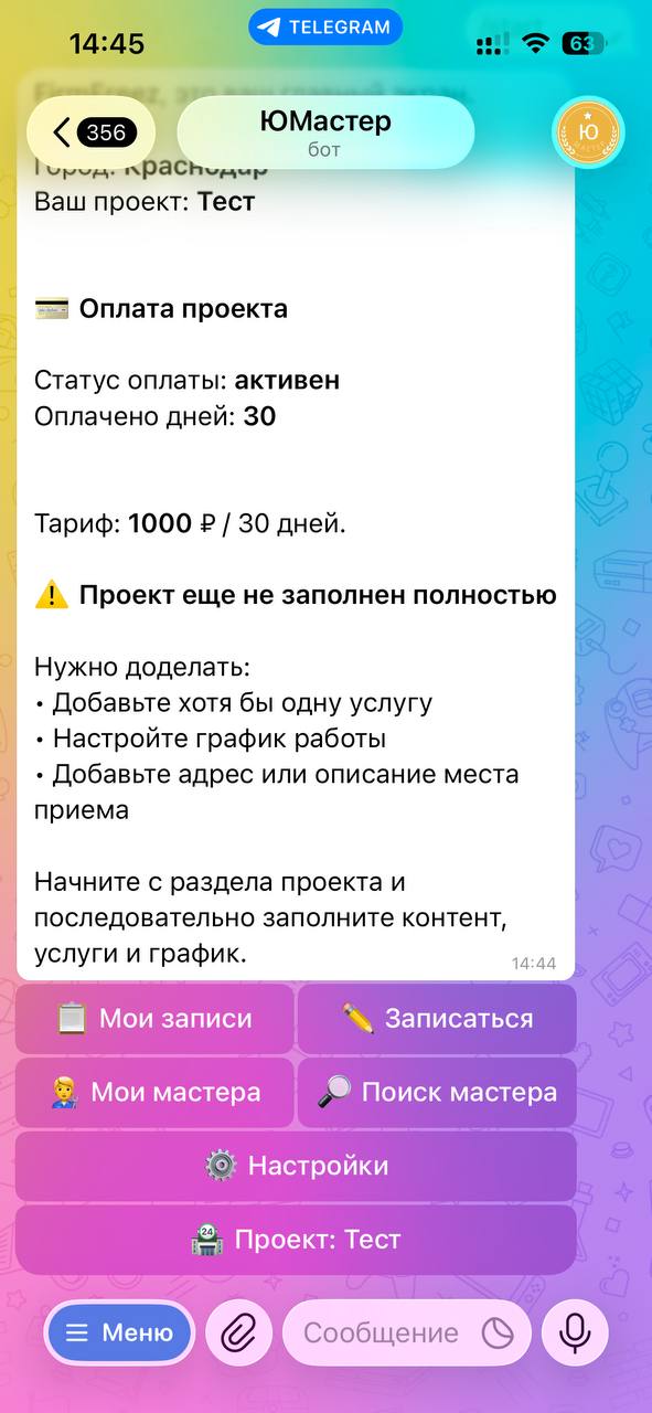 ЮМастер в Telegram: экран проекта и основные действия клиента